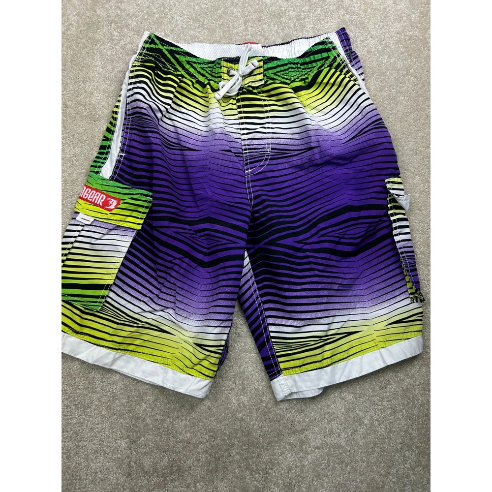 Ingear Striped Cargo Board Shorts XL Purple Green Swim Trunks Surf Y2K Skate